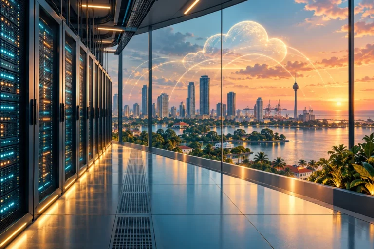 Illustration of illuminated server racks in a modern data centre with a Colombo skyline beyond the windows.