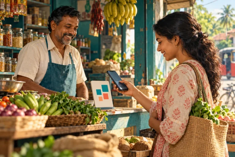 Illustration of a customer using a phone to pay a Sri Lankan neighbourhood shopkeeper at a grocery counter.