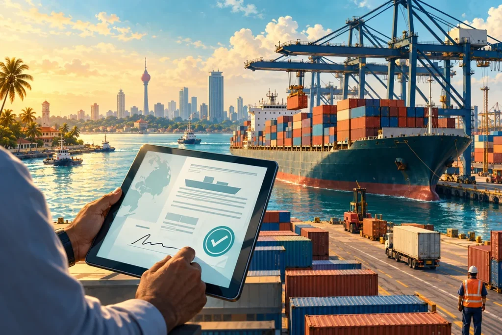 Illustration of a digitally signed shipping document on a tablet overlooking a Sri Lankan container port.