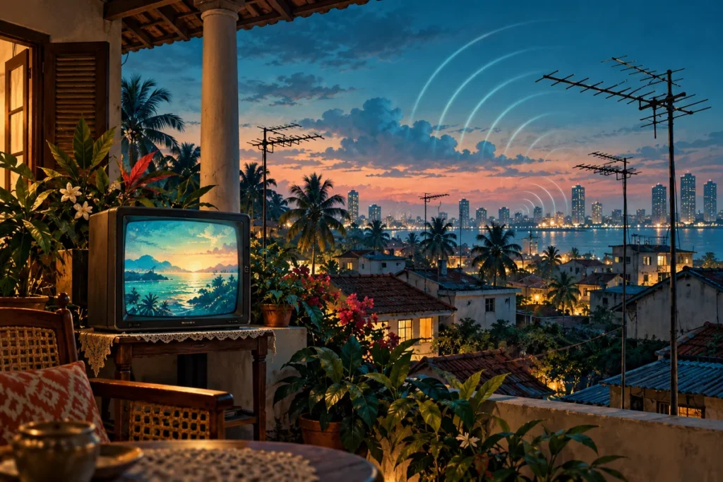 Illustration of rooftop television antennas and a television screen overlooking a tropical Colombo cityscape.
