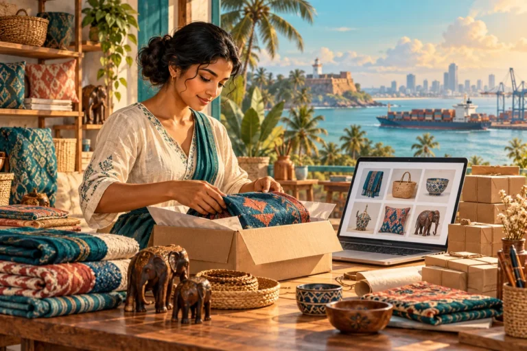 Illustration of a Sri Lankan craft business owner packing textiles beside a laptop displaying an online shop.