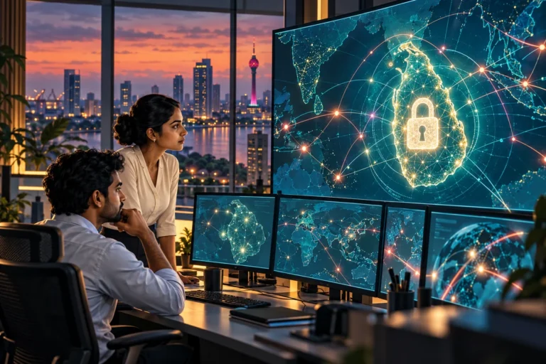 Illustration of technology professionals reviewing network security screens in a Colombo operations room.