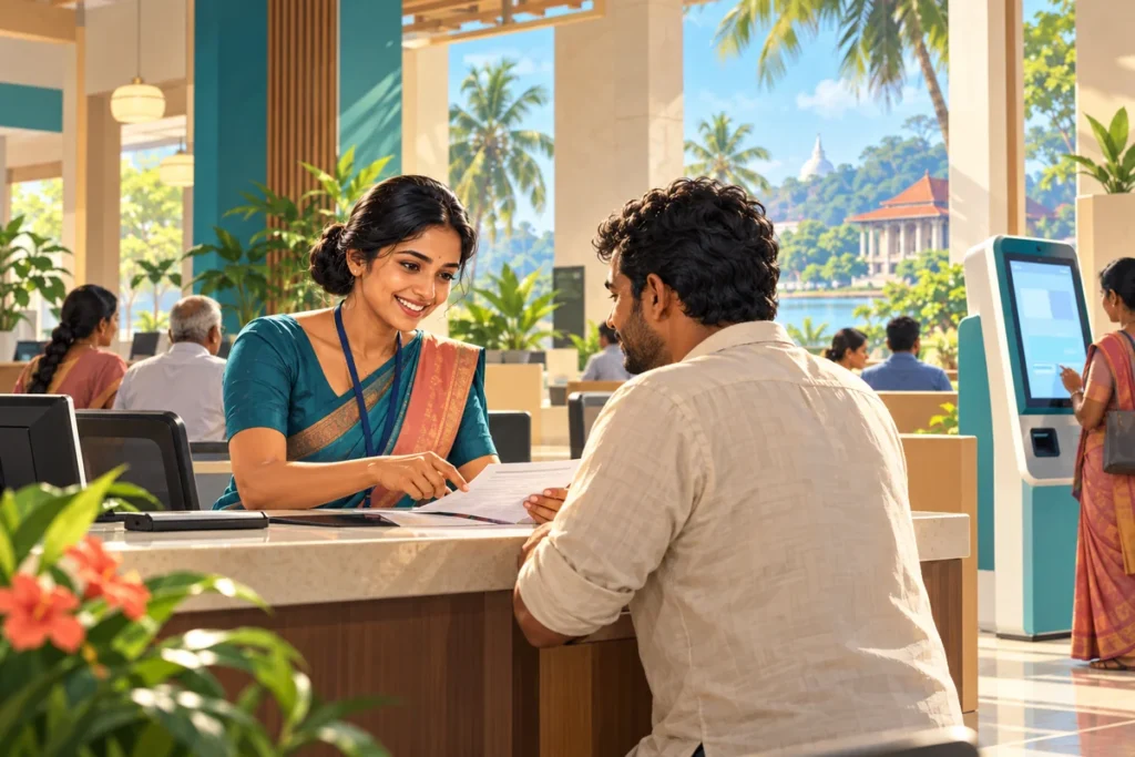 Illustration of a Sri Lankan resident receiving help at a public service counter beside a digital kiosk.