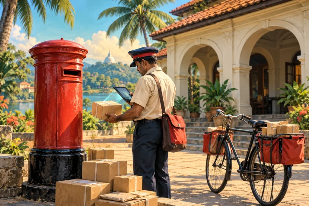 Illustration of a red postbox, parcels, a delivery bicycle and a postal worker using a tablet in Sri Lanka.