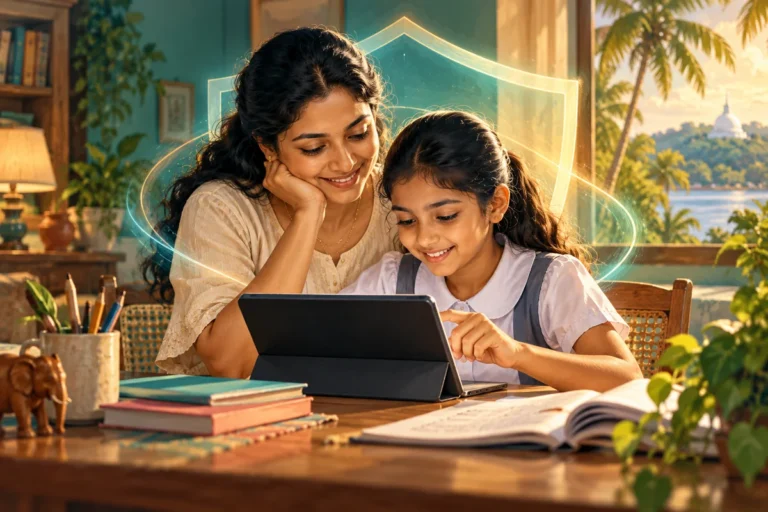 Illustration of a Sri Lankan mother and daughter learning together on a tablet with a protective shield motif.