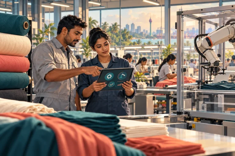 Illustration of engineers monitoring a robotic arm and connected machinery in a Sri Lankan apparel workshop.